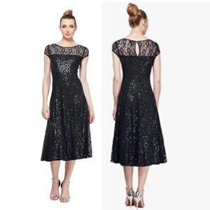 SLNY Womens Size 16 Black Sequined Lace Short Sleeve Midi A-Line Cocktail Dress